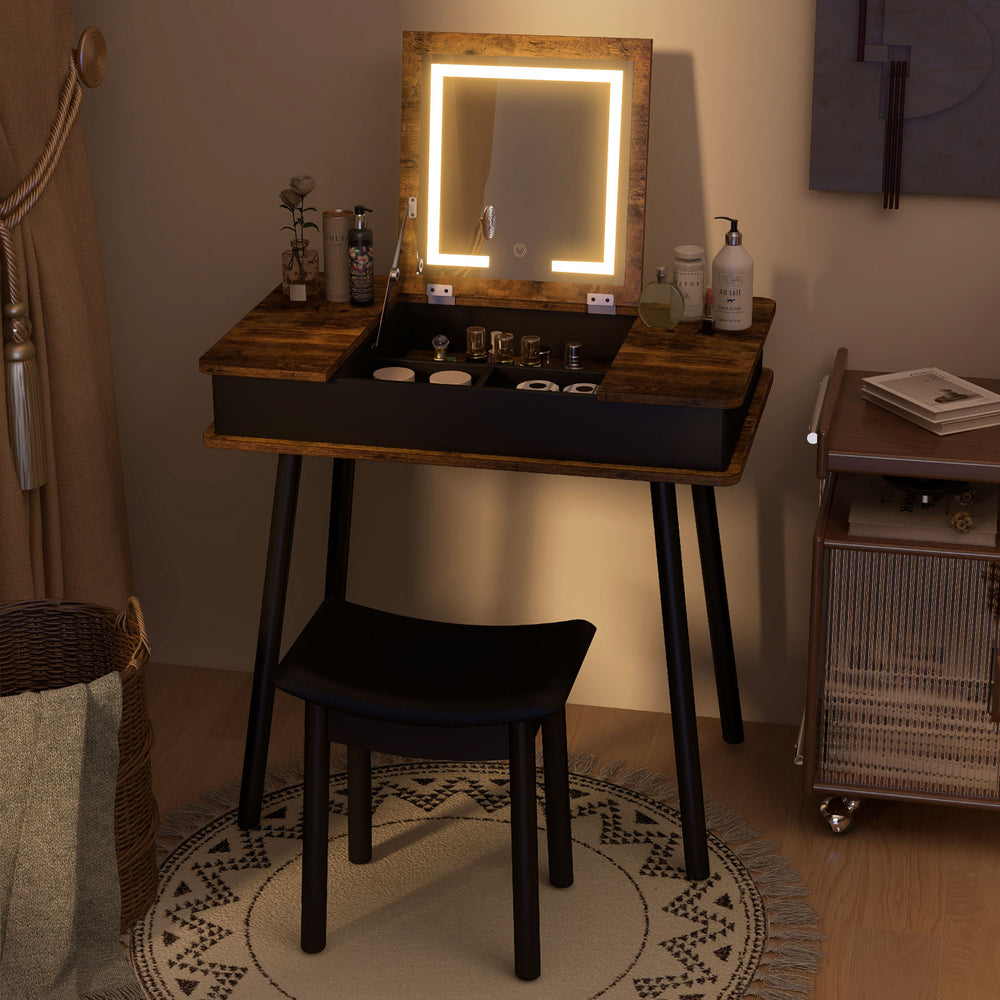 Cushioned stool with PU leather surface complements the rustic vanity table set, providing comfort and style for makeup.