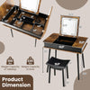Vanity table set with flip-top mirror, USB port, and cushioned stool, featuring rustic brown finish and ample storage.