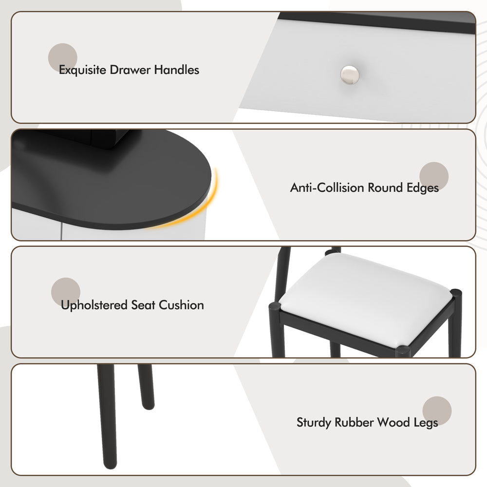 Close-up of the cushioned seat of the Makeup Vanity Table Set with sturdy rubber wood legs for added comfort and.