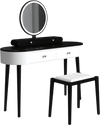 Makeup vanity table set in white and black with LED mirror, cushioned stool, and 3 spacious drawers for versatile use.
