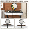 Adjustable LED mirror on a white and black makeup vanity table set with 3 spacious drawers for versatile use.