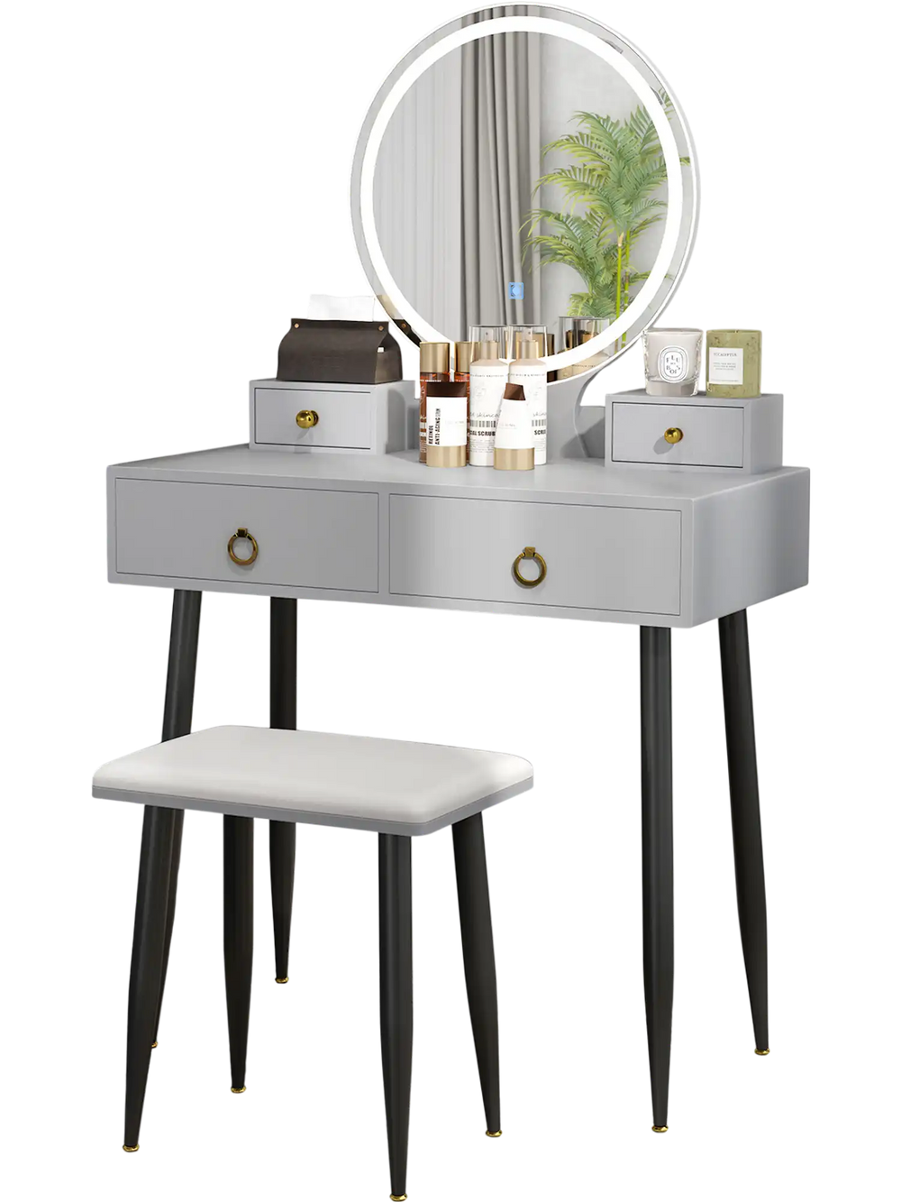Gray vanity table set with mirror, featuring 4 drawers, adjustable lights, and a padded stool for stylish storage.
