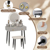 Vanity table set in gray with mirror, 4 drawers, padded stool, and adjustable foot pads for stability.