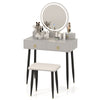 Gray vanity table set with mirror, 4 drawers, adjustable lights, and padded stool for stylish makeup organization.