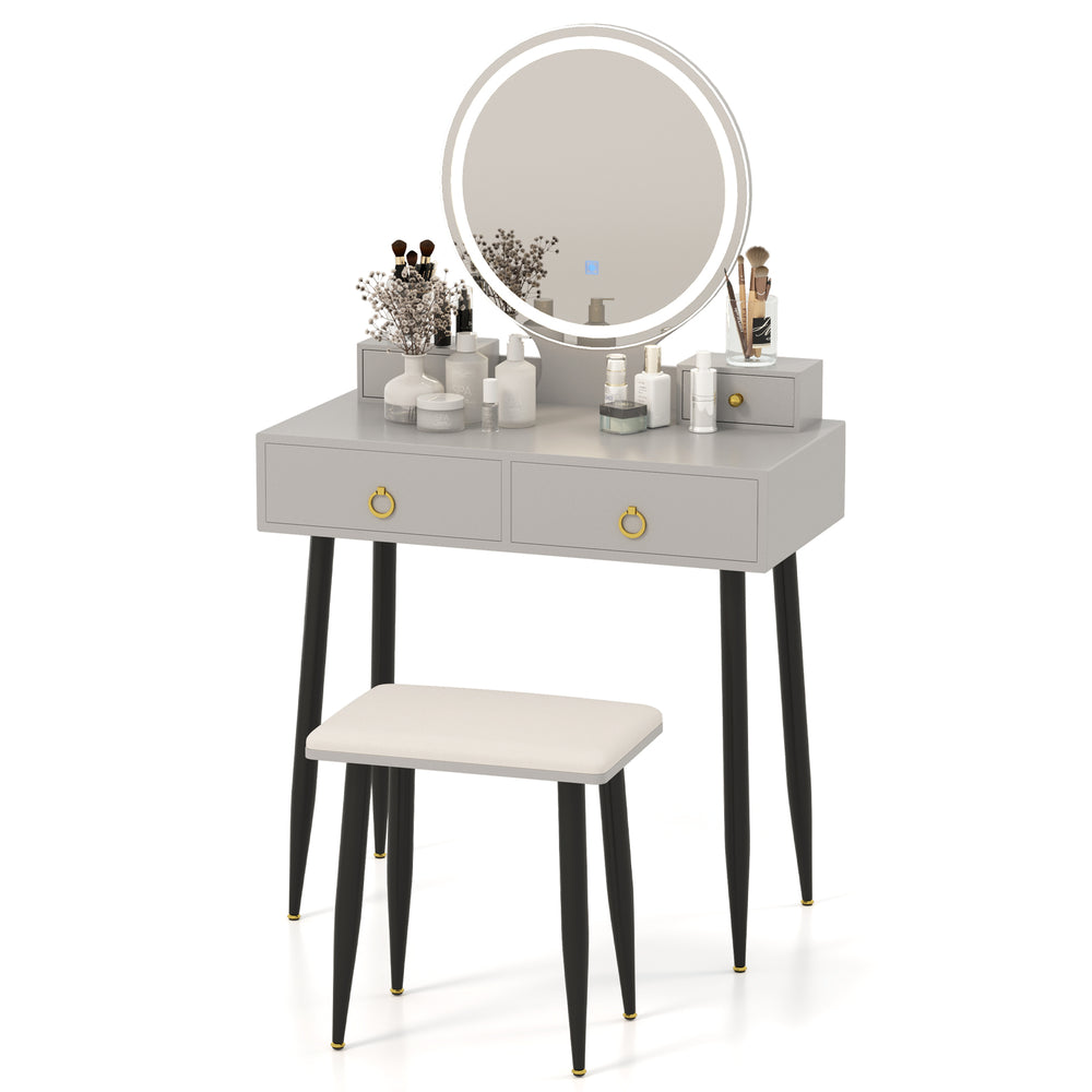 Gray vanity table set with mirror, 4 drawers, adjustable lights, and padded stool for stylish makeup organization.
