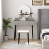 Gray vanity table set with mirror, featuring 4 drawers and a padded stool, ideal for stylish bedroom organization.