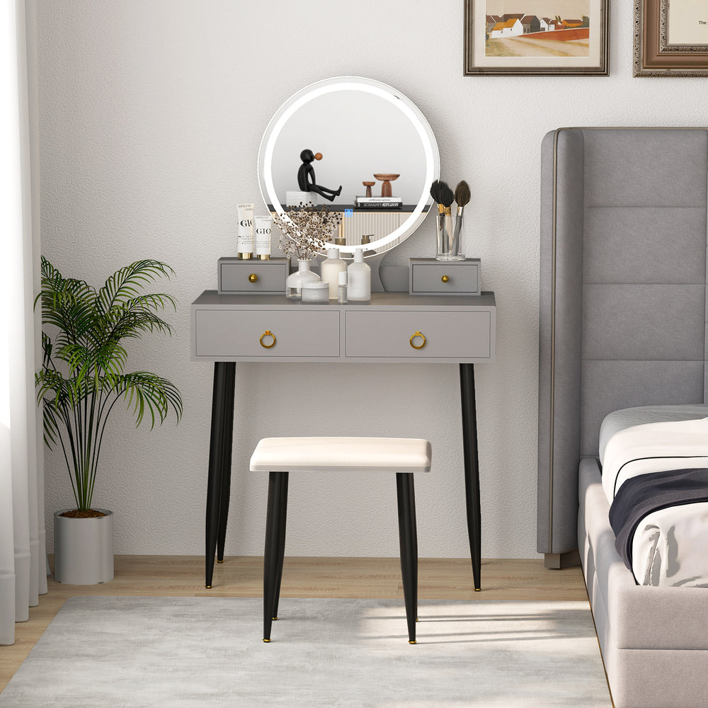 Gray vanity table set with mirror, featuring 4 drawers and a padded stool, ideal for stylish bedroom organization.