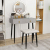 Vanity table set in gray with mirror, 4 drawers, and padded stool, featuring adjustable lights for versatile use.