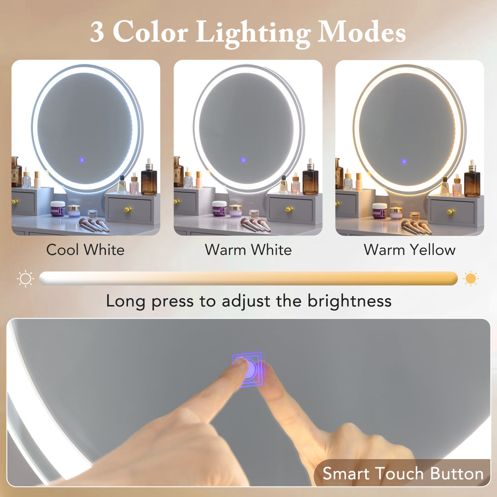 Vanity table set with gray finish, featuring a mirror with 3-color adjustable lights and touch button for brightness.