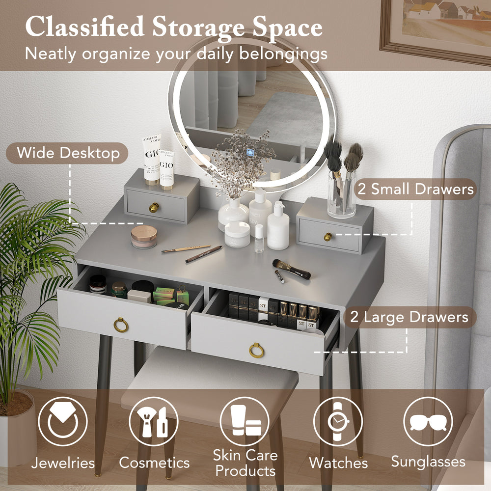 Gray vanity table set with mirror featuring 4 drawers, adjustable lights, and a padded stool for organized storage.