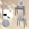 Vanity table set in gray with mirror, featuring adjustable lights, four drawers, and anti-toppling device for stability.