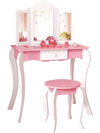 Kid's wooden vanity table and stool set with a 3-panel acrylic mirror, perfect for a child's bedroom or play area.