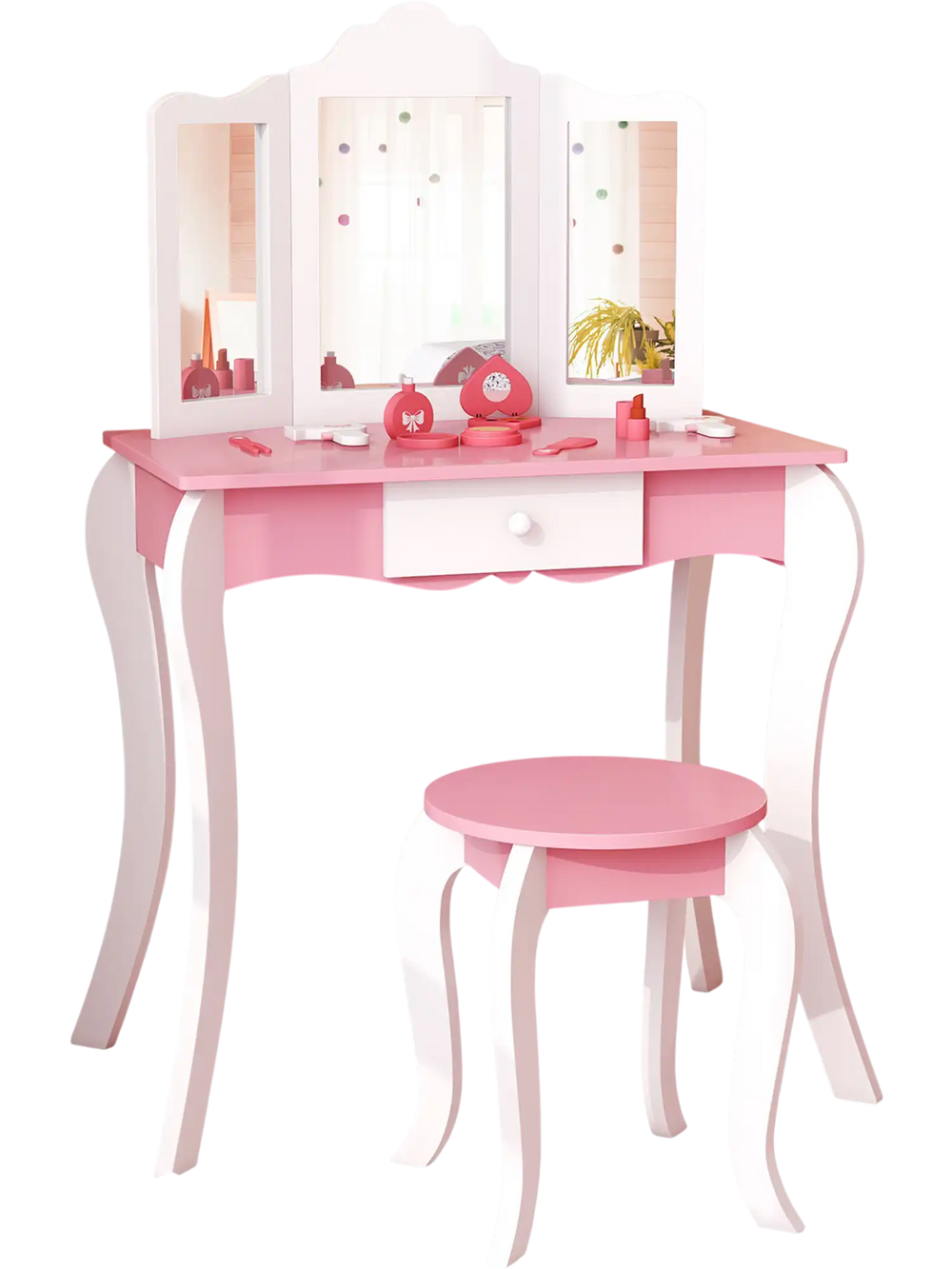 Kid's wooden vanity table and stool set with a 3-panel acrylic mirror, perfect for a child's bedroom or play area.