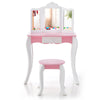 Kid's wooden vanity table set with pink finish, 3-panel acrylic mirror, and pull-out drawer for storage.
