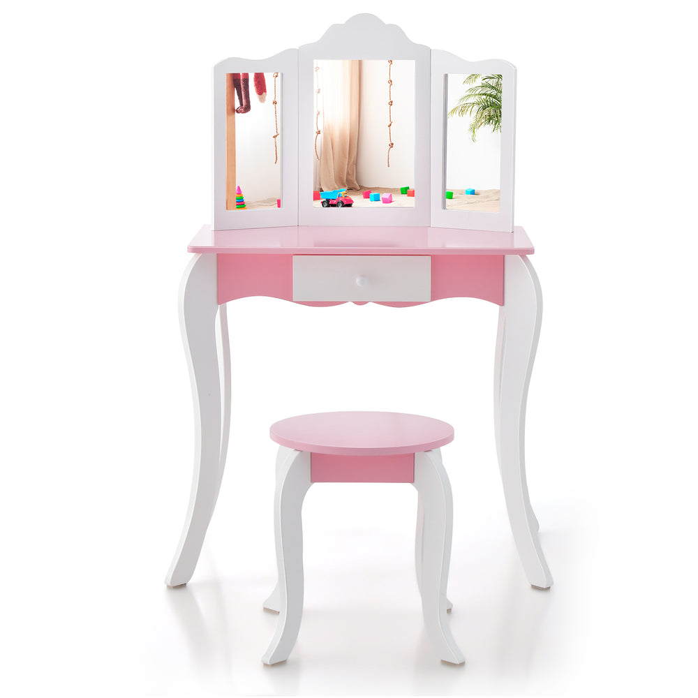 Kid's wooden vanity table set with pink finish, 3-panel acrylic mirror, and pull-out drawer for storage.