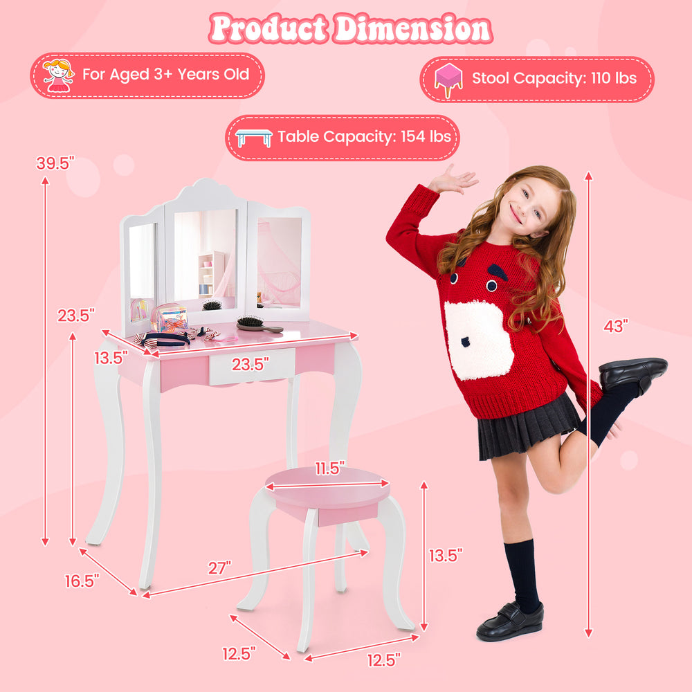 Kid's wooden vanity table and stool set with a 3-panel acrylic mirror, designed for safety and stability in a playful.