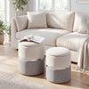 Stackable gray velvet and linen storage ottoman set of 2 with gold stainless steel ring, ideal for living room use.