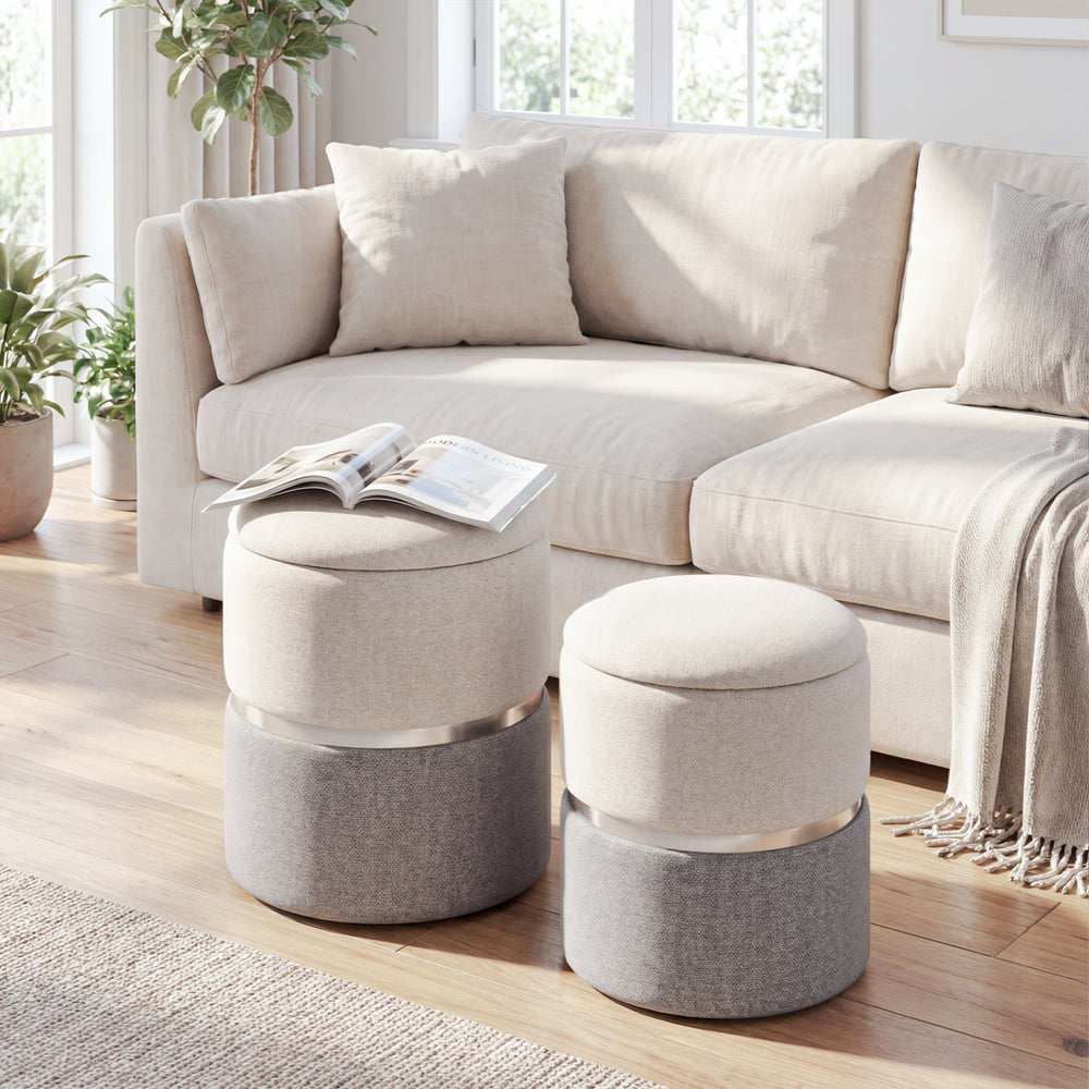 Stackable gray velvet and linen storage ottoman set of 2 with gold stainless steel ring, ideal for living room use.