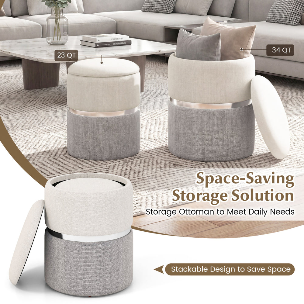 Stackable gray velvet and linen storage ottoman set of 2 with gold stainless steel ring for versatile home use.