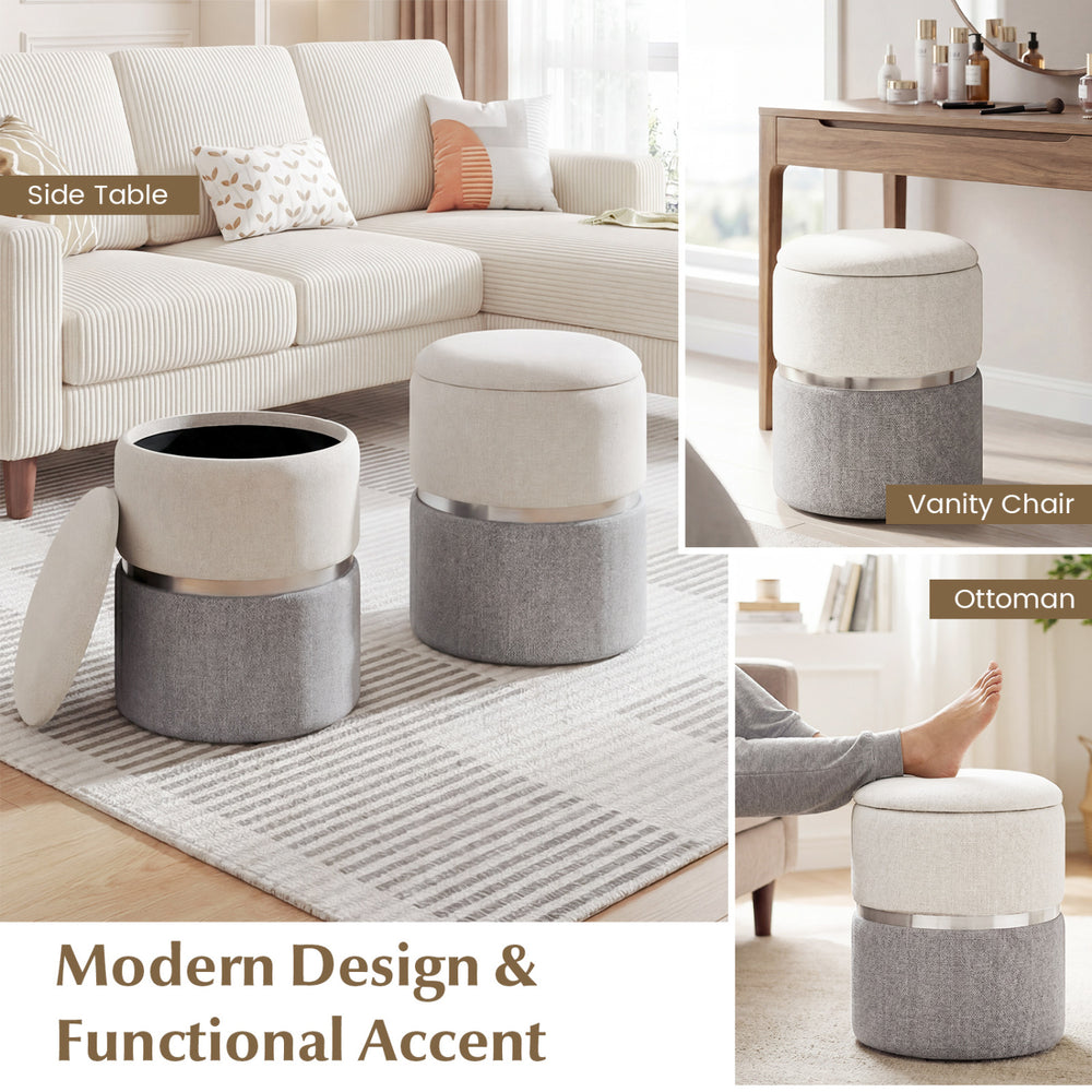 Storage ottoman set of 2 in gray with velvet/linen fabric, versatile for seating, footrest, or side table use.