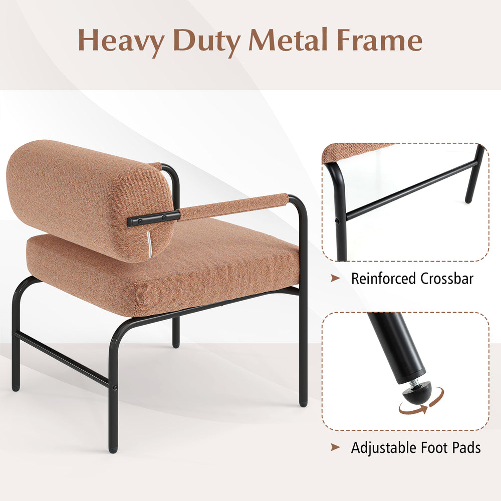 Velvet upholstered accent chair with cylindrical backrest, metal armrests, and adjustable foot pads for versatile.