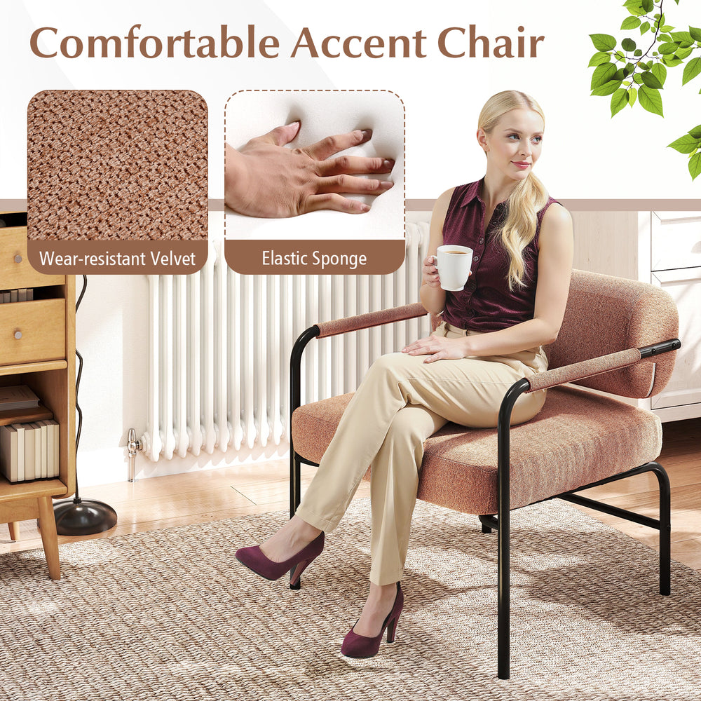 Velvet upholstered accent chair with cylindrical backrest and metal armrests, ideal for living room or home office use.