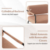 Cylindrical backrest and metal armrests of the brown velvet accent chair, designed for comfort and relaxation.