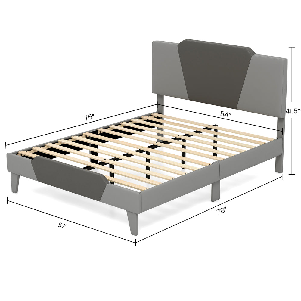Full size velvet upholstered bed frame with high headboard, featuring sturdy slats and modern color clashing design.