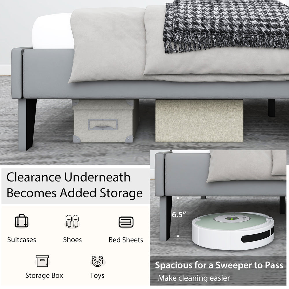 Full size velvet upholstered bed frame with high headboard, featuring under-bed storage and space for a sweeper to pass.