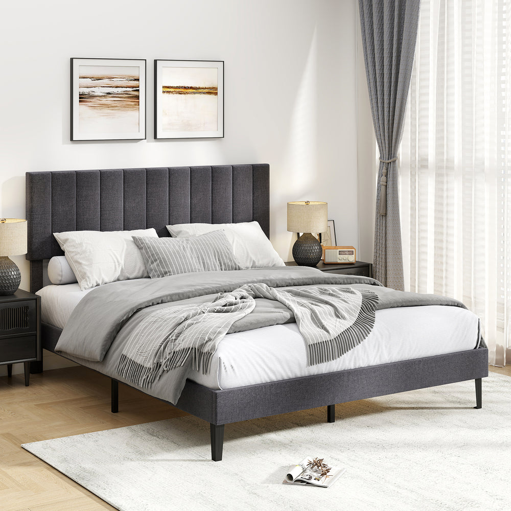 Velvet Upholstered Platform Bed with Height Adjustable Vertical Channel Headboard-Queen Size - Gallery View 1 of 14