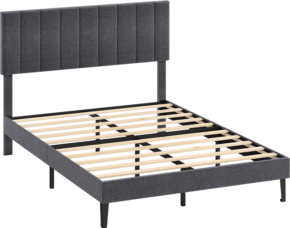 Full-size velvet upholstered platform bed with adjustable headboard, wooden slats, and sturdy support legs for comfort.