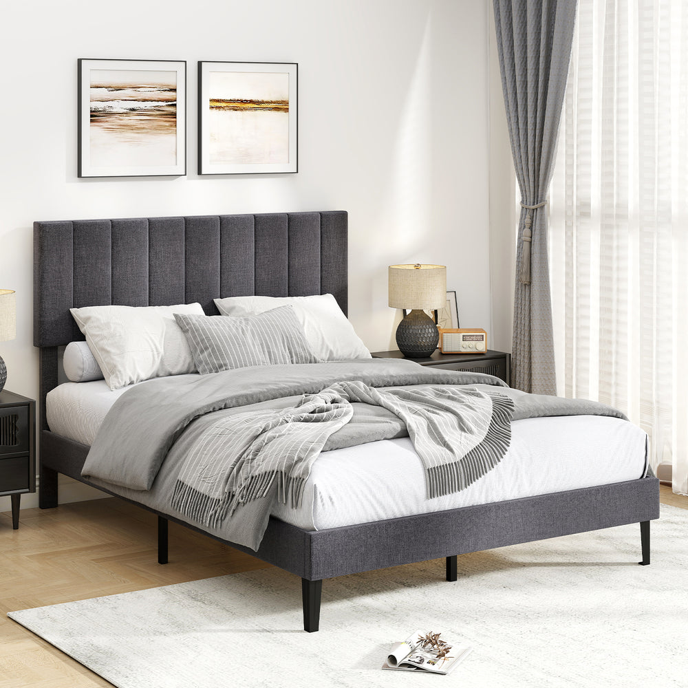 Velvet Upholstered Platform Bed with Height Adjustable Vertical Channel Headboard-Full Size - Gallery View 1 of 15