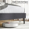 Velvet upholstered platform bed with adjustable headboard, featuring ample under-bed space for cleaning machines.