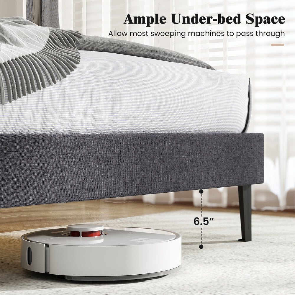 Velvet upholstered platform bed with adjustable headboard, featuring ample under-bed space for cleaning machines.