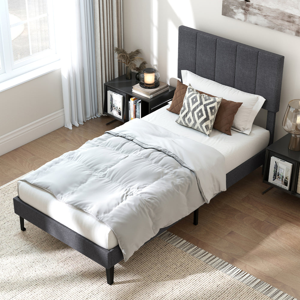Linen Upholstered Platform Bed with Height Adjustable Vertical Channel Headboard-Twin Size - Gallery View 1 of 11