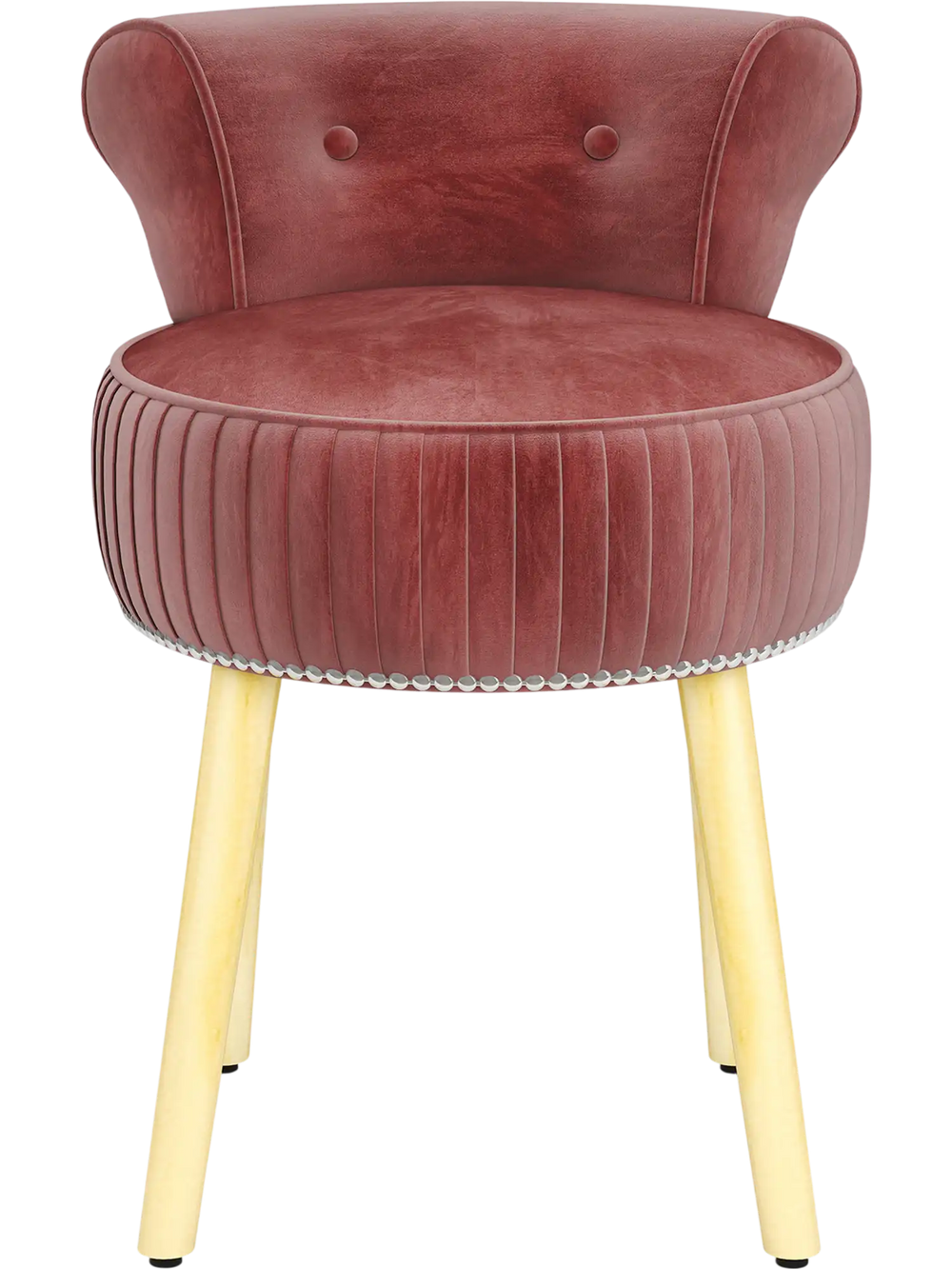 Velvet vanity chair in pink with tufted low back, solid wood legs, and comfortable curved design for elegant decor.