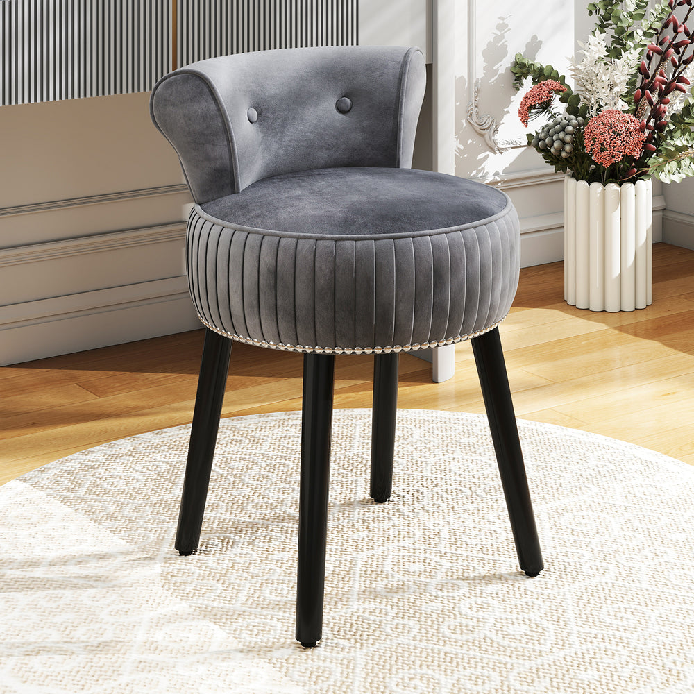 Velvet Vanity Chair with Back Upholstered Vanity Stool with Tufted Low Back and Solid Wood Legs-Gray - Gallery View 1 of 11