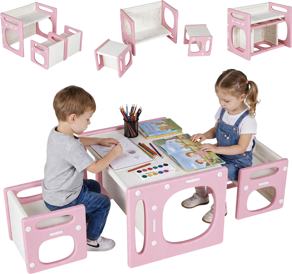 Versatile pink kids table and chairs set for toddlers, featuring storage options and a safe, easy-to-clean design.