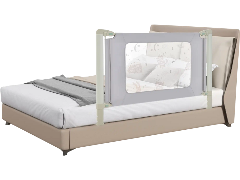Vertical lifting bed rail for toddlers with adjustable height, breathable mesh, and double safety lock for secure sleep.