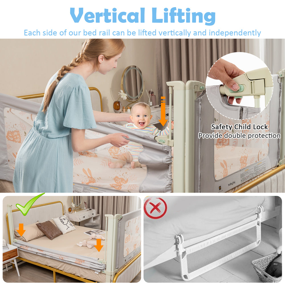 Vertical lifting bed rail for toddlers with cute pattern, adjustable heights, and double safety lock for secure use.