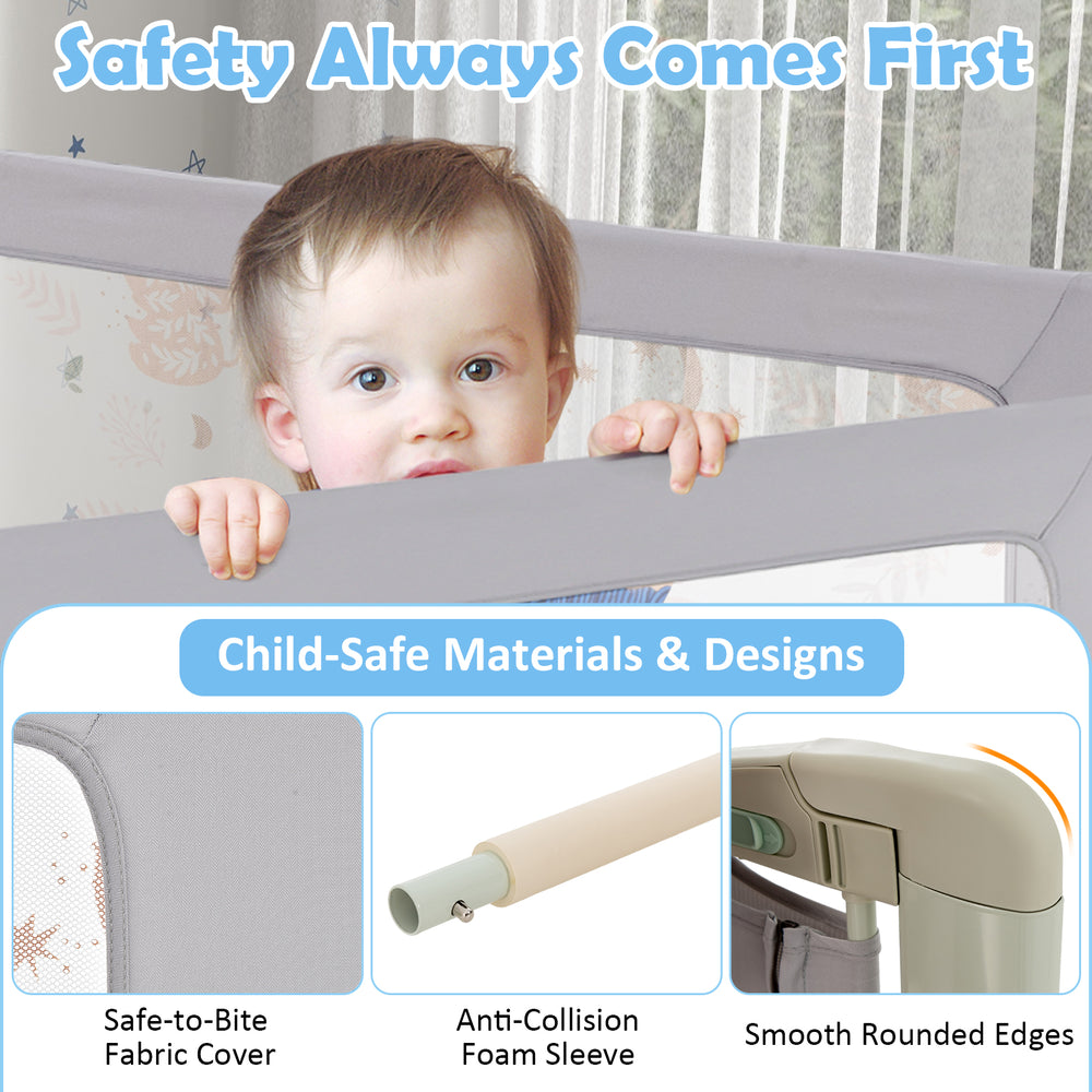 Vertical lifting bed rail for toddlers with cute pattern, adjustable heights, and double safety lock for secure sleep.