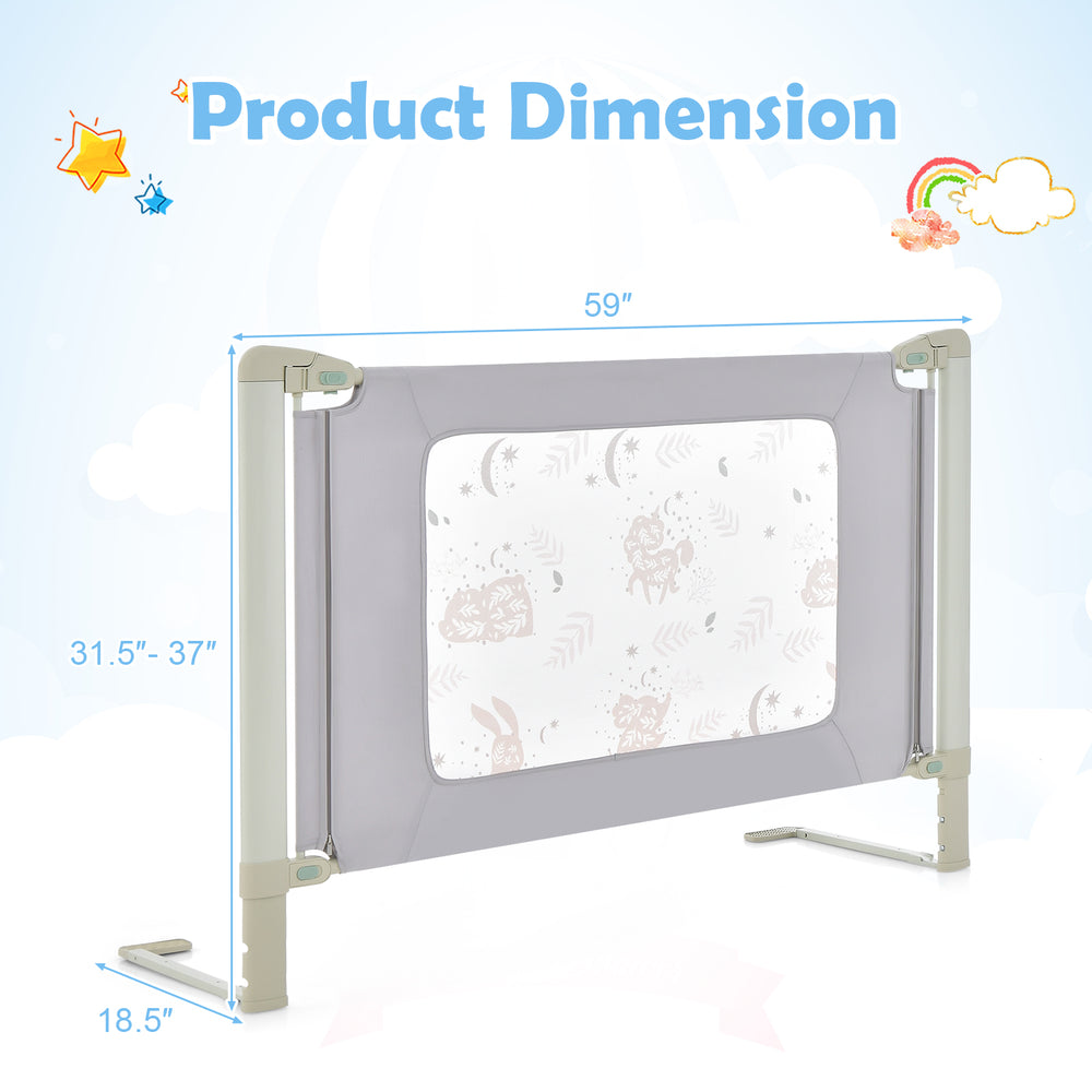Vertical lifting bed rail for toddlers, 59 inches wide, with adjustable heights and cute pattern for added safety.
