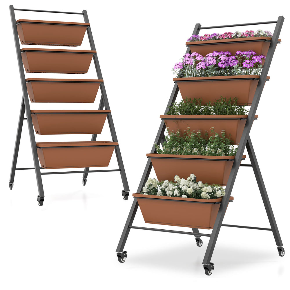 5-tier vertical raised garden bed with wheels, brown planter boxes, ideal for indoor or outdoor gardening.