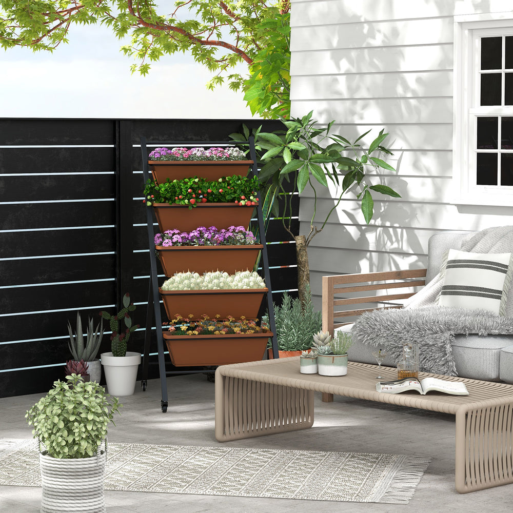5-tier vertical raised garden bed with wheels, brown planter boxes, ideal for outdoor gardening on patios or balconies.
