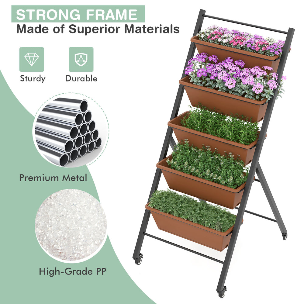 5-tier vertical raised garden bed with wheels, brown planter boxes, durable metal frame, ideal for indoor or outdoor.