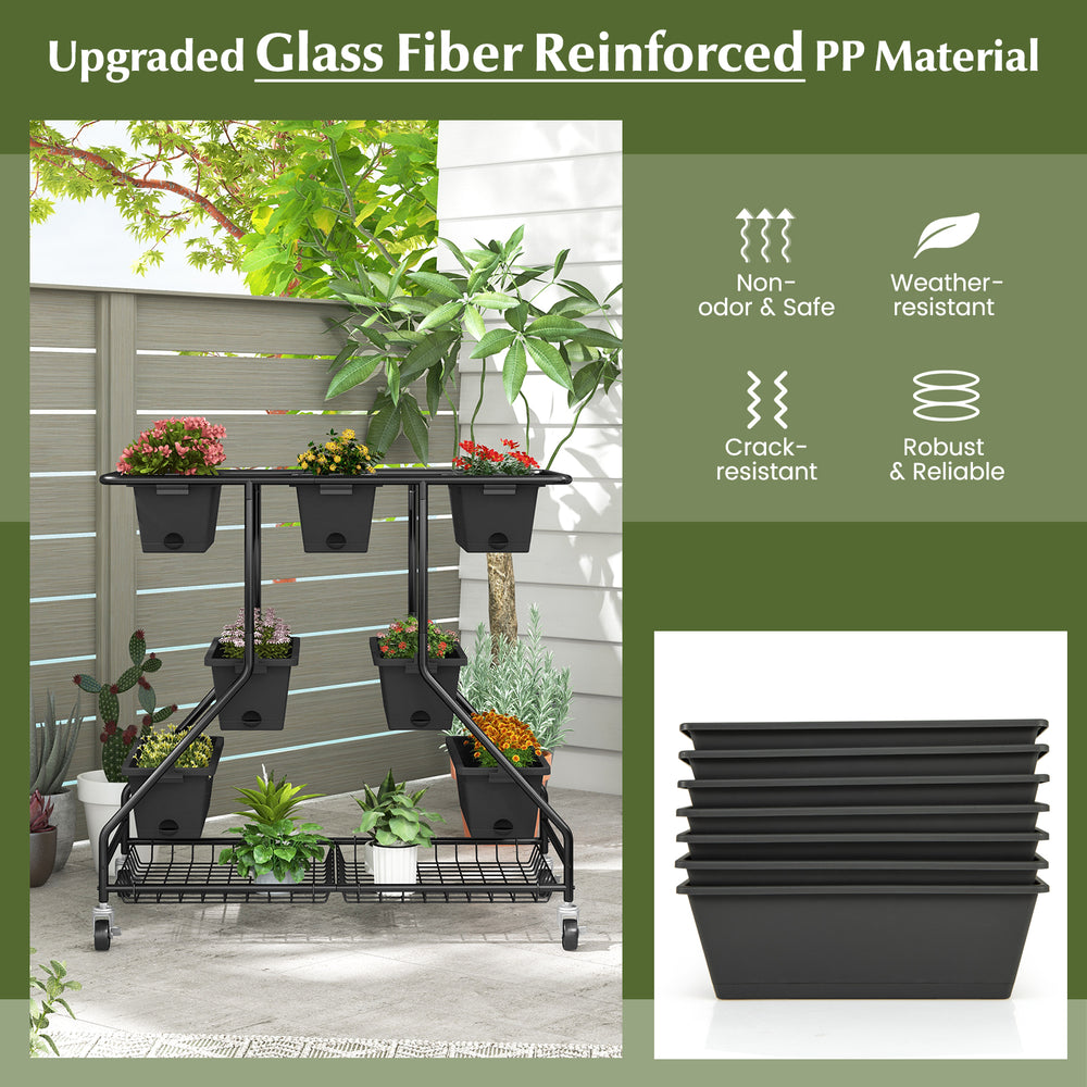 Vertical raised garden bed in black with 7 planter boxes and 2 storage baskets, crafted from weather-resistant PP.