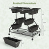 Vertical raised garden bed with 7 black planter boxes and 2 storage baskets, featuring product dimensions and caster.
