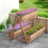 A-side view of a vertical raised garden bed with three wooden planter boxes made of fir wood, perfect for cultivating.