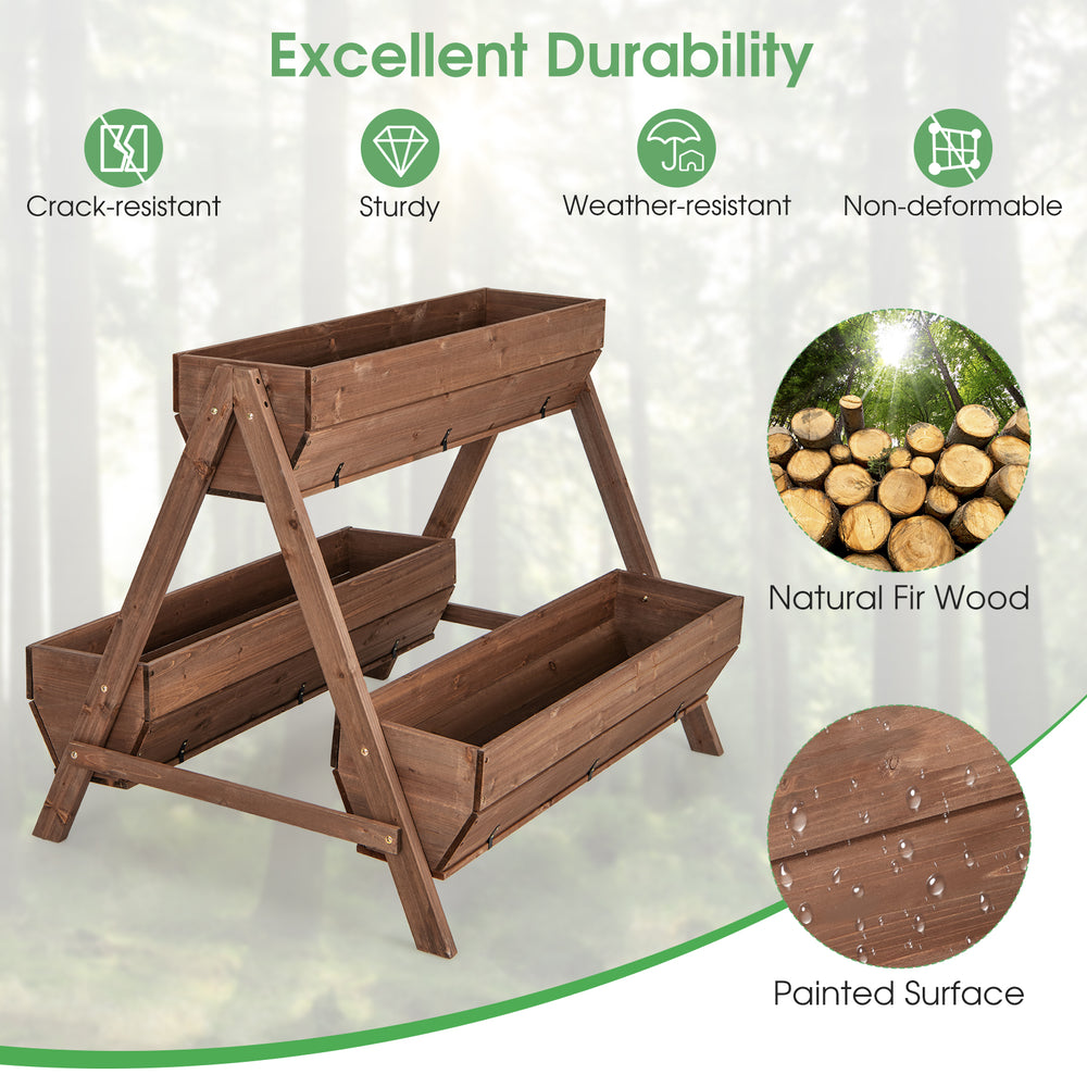 Vertical raised garden bed with three wooden planter boxes made of natural fir wood, perfect for growing diverse plants.