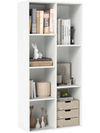 Freestanding white bookshelf with 7 compartments for books and decor, adaptable for vertical or horizontal placement.